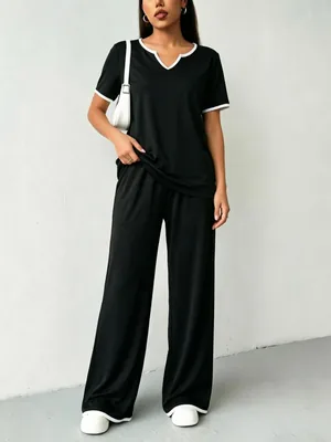Conjunto de pijama de manga corta con cuello en V para mujer, color sólido, ropa casual para el hogar - Best Deal