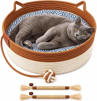 Cesto Instinto para Gatos FUUZIO, Tejido a Mano con Pelota Naranja+Matera | Cama Cesto con Cojín y Pelota Colgante, Plegable