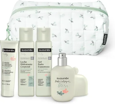 Suavinex, Bolsa de Afeitar para Bebés, Cesta para Nuevos Nacidos con Cosméticos Pediátricos | Set de Regalo con Cologne para Bebés 50 ml + Leche Hidratante 100 ml
