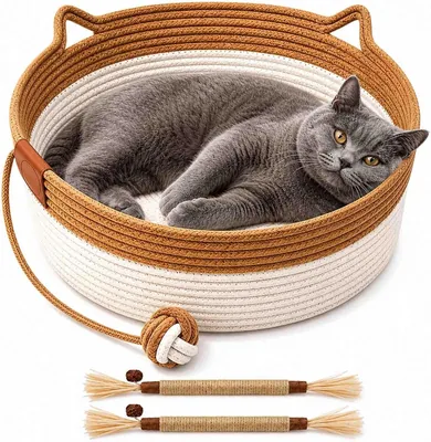 Cesto Instinto para Gatos FUUZIO, Tejido a Mano con Pelota Naranja M