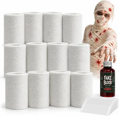 12 Rolls Halloween Mummy Wrap Costume Accessories with Fake Blood