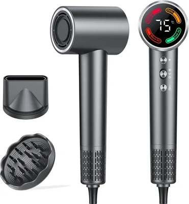 Secador de pelo de alta velocidad, 160.000 RPM, secador de iones con pantalla LED, 500 millones de iones negativos, 56 dB silencioso NTC de temperatura