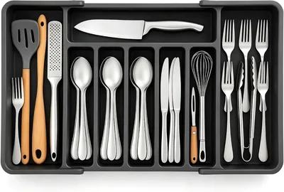 Organizador de Cubiertos Expandible: Organizador para Cajón de Cocina Negro | Ajustable, Gran Capacidad, 8 Compartimentos, Antid