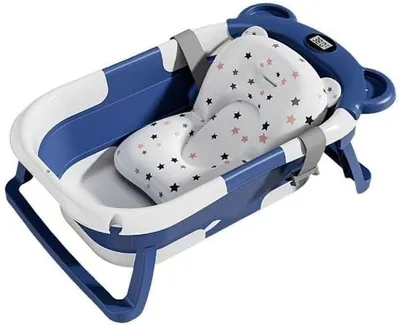 Foldable Baby Bath Tub Blue Cushion Seat Thermometer
