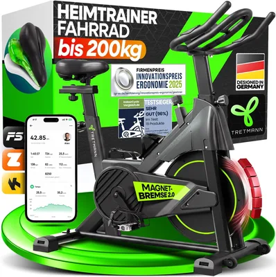 Tretmann Fitnessrad mit 200 kg Lastfähigkeit + App - Extra Bequeme Ausführung | Mit [ActiveFoam+] Sattel, leise, magnetische Bremse 2.0