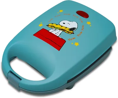 SNOOPY Sandwichera Eléctrica Antiadherente Compacta Azul | 520W, Grabado de Carita de Snoopy