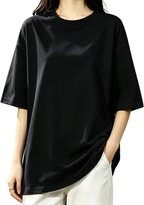 [トランスコ] レディース 半袖 ロングTシャツ 大きいサイズ お尻まで隠れる丈 体型カバー 着痩せ効果 クルーネック 小顔 五分袖 オーバーサイズ 夏服