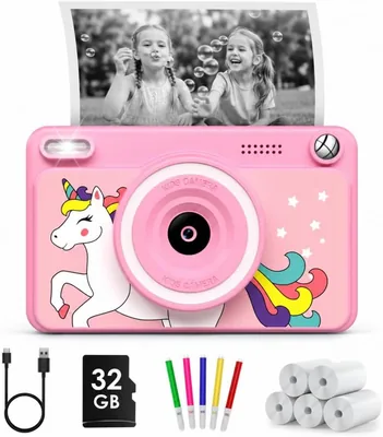 Fotocamera istantanea per bambini 1080p con schermo da 2,4 pollici e scheda di memoria da 32GB | 3 rotoli di carta termica, Regalo di compleanno per bambini