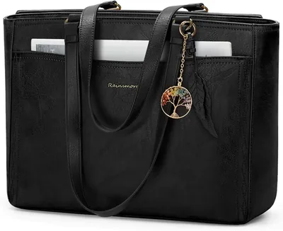 RAINSMORE Laptop Tote Bag Black 15.6" PU Leather