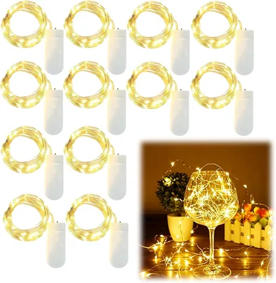 Pack de 12 lumières LED filaires à pile, 2 m avec 20 LEDs blanches chaudes, haute luminosité, cuivre économique