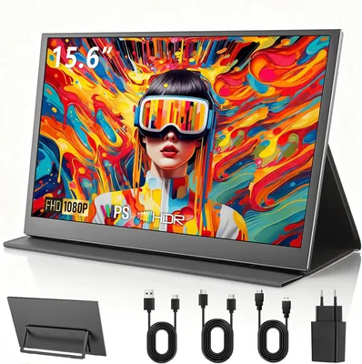 15,6 Zoll Portables Monitor 1920x1080p FHD IPS Anti-Glare USB-C & Mini HDMI Integrierte Lautsprecher Schutzhülle mit Ständer