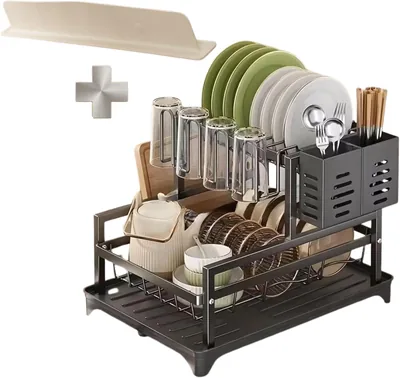 QK Exclusives 2 Tier Dish Rack Splash Guard - Drainboard, Utensil Holder, Cup Holder & Pot Lid Hol