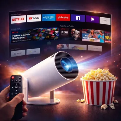 Mini Projetor Portátil HY300 com Android Wi-Fi 5G Bluetooth - Suporte 4K, Full HD 1080P, Rotação 180°, HDMI USB