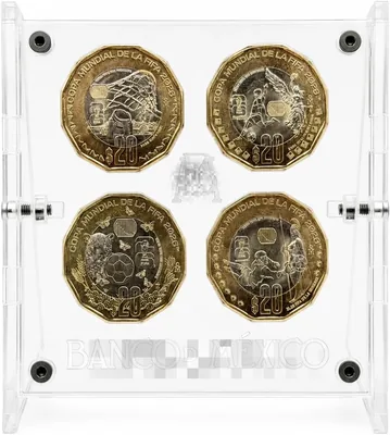 CONTIMEX Set de 4 Monedas Conmemorativas Tipo Mundialito en Exhibidor Acrílico - Colección Decorativa de Edición Especial