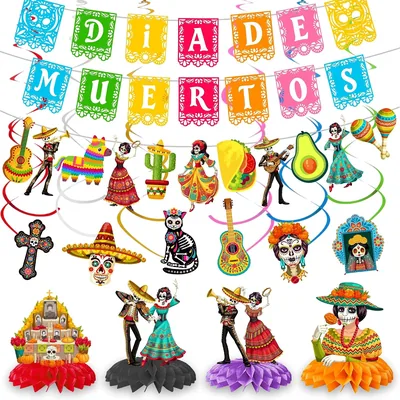 35 Pzs Decoración Día de Muertos: Guirnalda de Papel Picado y Centros de Mesa con Kit de Banderines de Fieltro y Espirales Colgantes