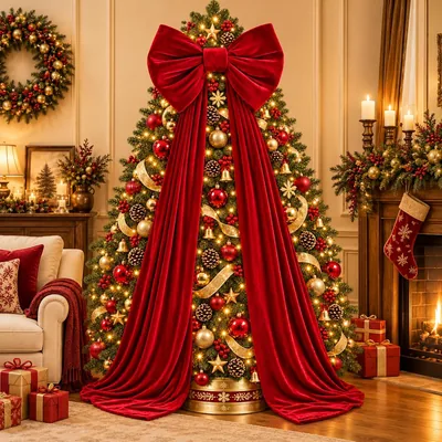 Moño Gigante KIROGILY para Árbol de Navidad, 40x200cm, Decoración de Terciopelo Rojo Borgoña