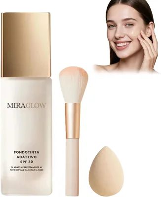 Miraglow Adaptive Foundation Over 50, Fondotinta Adattivo per Pelle Matura con Spazzola | Bianco - Miglior Affare