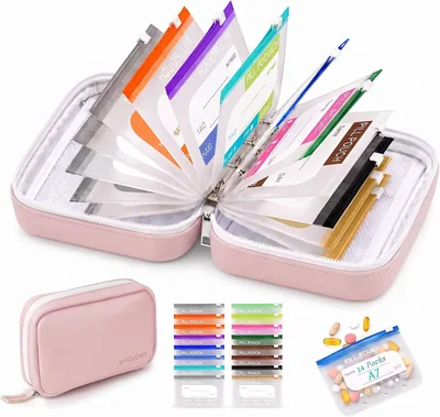Travel Medicine Organizer Binder with 14 Clear Pouches