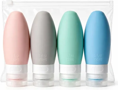 Kit Viagem 4 Frascos Silicone 90ml para Shampoo e Cosméticos | Livre de BPA, Etiquetas Inclusas, Reutilizável e Ideal para Banho