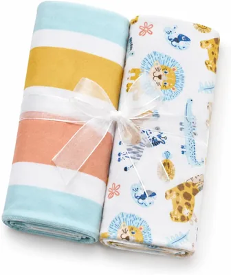 2 Pack Baby Receiving Blanket Set - Soft & Lightweight Newborn Swaddle, Pram Blankets (74 x 87 cm, Teddy Bear & Beige Strip) Best Deal