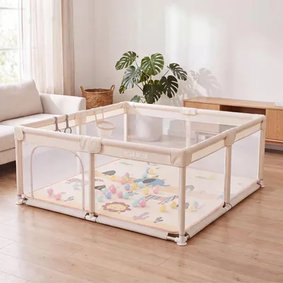 NUANUA Playpen XXL 150x180 cm - Recinto per Bambini con Tappeto - Beige | Rimovibile con Materasso, Palline, Cesto e Maniglie