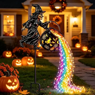 Pipihome Halloween Dekoration, Hexen-Kessel Gartenleuchte | Fliegende Hexe mit Regenbogen-LEDs