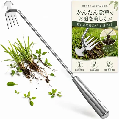 除草ツール 4爪、手動雑草取りツール、ステンレス製除草用すくい、土壌解放、ベストディール