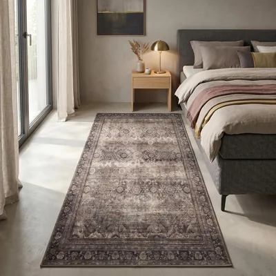 Carpet24 Waschbarer Teppich, Braun, 80 x 150 cm, Vintage Kurzer Floren für Eingang, Küche und Schlafzimmer