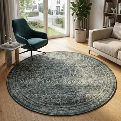 Carpet24 Waschbarer Teppich Grün 120 cm Rund Vintage Teppich für Wohnzimmer Schlafzimmer Flur Kinderzimmer Orientalisches Design