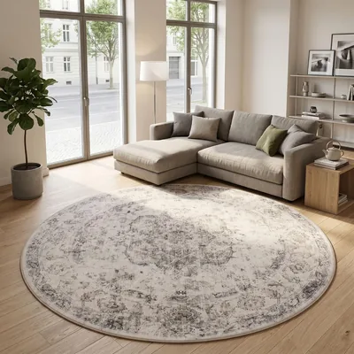 Carpet24 Waschbarer Teppich Beige 120 cm Rund Vintage Teppich für Wohnzimmer Schlafzimmer Flur Kinderzimmer Orientalisches Design