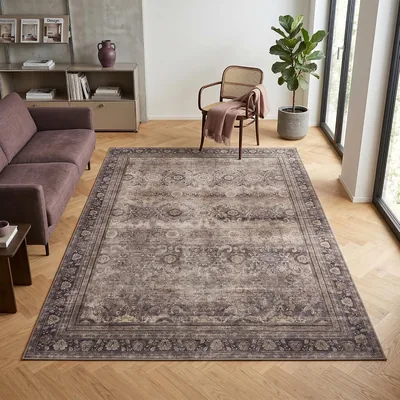 Carpet24 Waschbarer Teppich, Braun, 160 x 230 cm, Vintage Kurzer Faden Teppich für Wohnzimmer, Esszimmer, Schlafzimmer, Orientalisch