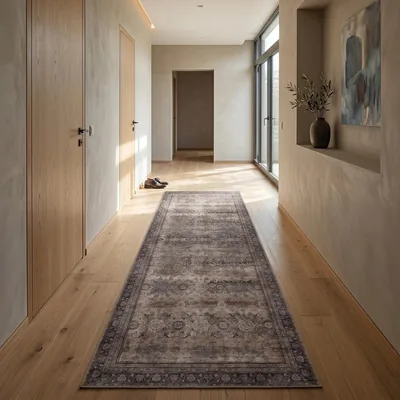Carpet24 Waschbarer Teppich, Braun, 80 x 250 cm, Vintage-Läufer für Flur und Küche