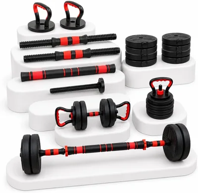 Kit de Musculação 6 em 1 com Halteres, Anilhas, Barra e Kettlebell até 15kg