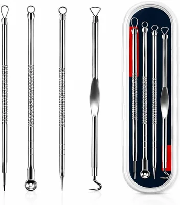 Kit Removidor de Cravos e Espinhas Profissional 4 Peças em Aço Inox com Estojo | Extrator Facial para Limpeza de Pele