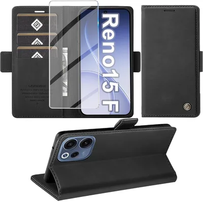 Cover Giyer per OPPO Reno 15 F 5G con Vetro Temperato, Nero | Portafoglio in Pelle Premium con Slot per Carta RFID Antifurto Funzionale