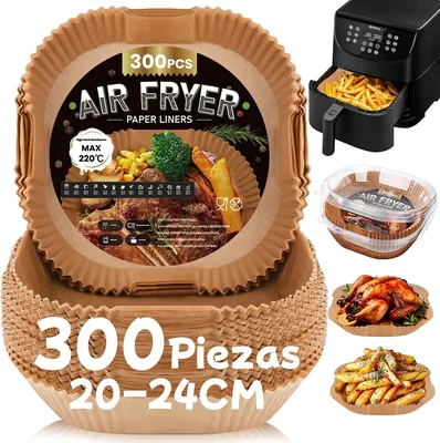 300 Papeles para Freidora de Aire 4.5-8L, 20-24cm Cuadrado | Libre de BPA, Accesorio Descartable Antiadherente para Comida sin Aceite