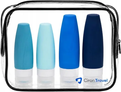 Ciron Travel Zestaw 4 Silikonowych Butelek Podróżnych na Kosmetyki 60 ml i 90 ml z Kosmetyczką Niebieskie Pojemniki do Samolo