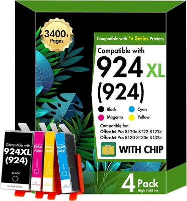Cartouches d'encre HP 924 XL (Pack de 4) - Compatible avec HP OfficeJet Pro 8122e, 8132e, 8120e