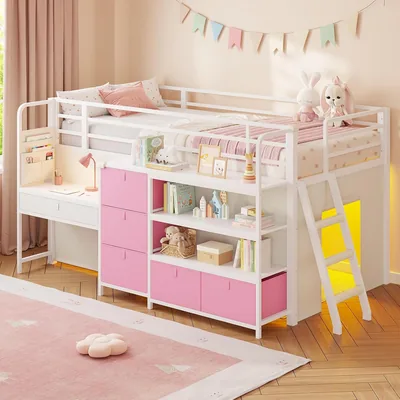 Lit superposé Mojiasion pour enfants 90 x 190 cm avec bureau, blanc et rose | Lit 4 en 1 : Dormir, Apprendre, Jouer, Collection