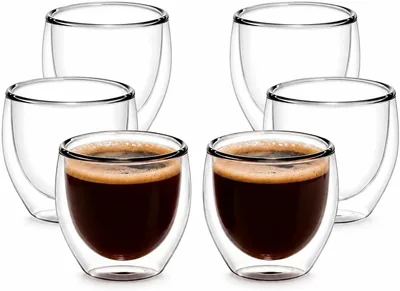 6 Pack Double Walled Glass Coffee Cups - 250ml