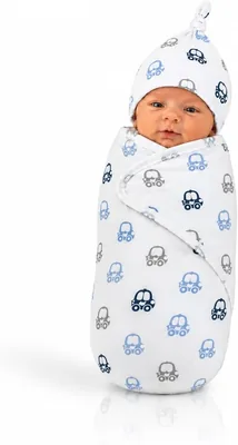 Cotton Baby Swaddle Wrap and Cap Set with Velcro Closure