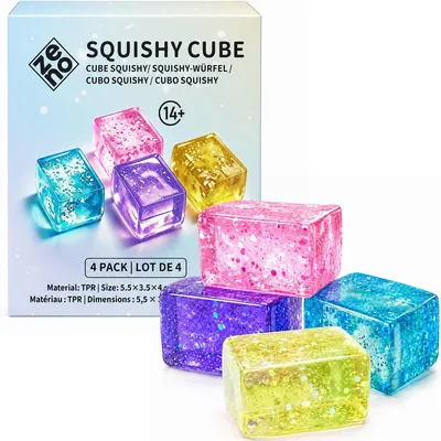 ZENO Stress Cubes 4 Pack, Slow-Rising Squishy Fidget Toys for Adults | Glitter-Filled Sensory Squeez