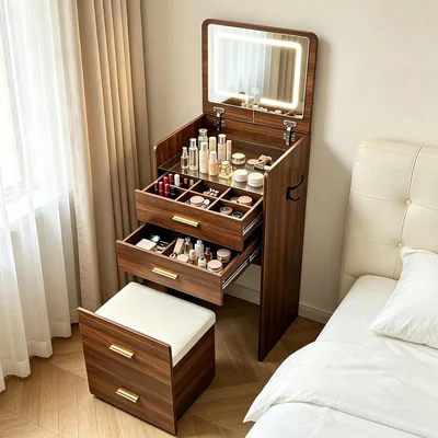 Liten vanitytaj med LED-licha, 3 i 1 vanitytaj med klappbar spegel, smal pingade med söl, 3 färger, 2 drar