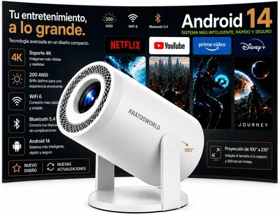 Proyector portátil KRATOSWORLD Mini Android 14 con aplicaciones integradas, compatible con 4K, corrección de clave automática, rotación de 180°, WiFi y Bluetooth