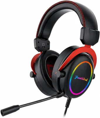 سماعات لعبة Huntbird USB RGB، سماعات ستيريو سلكية مع ميكروفون تقليل الضوضاء، إضاءة LED RGB، فوق الأذن