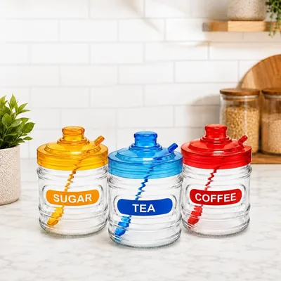Glass Tea Coffee & Sugar Canister Set - 350ml Airtight Jars with Lids & Spoons