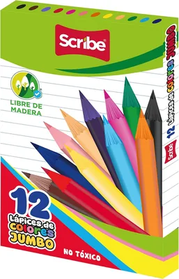 Scribe® Lápices de Colores Jumbo, Libres de Madera, Triangulares, Mina 4mm, Variados Colores, 12 Piezas