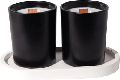 Bicchiere por Studio Inchitivo: Juego de 2 Velas Aromáticas en Vasos de Vidrio con Bandeja de Yeso Cerámico (Negro Mate)