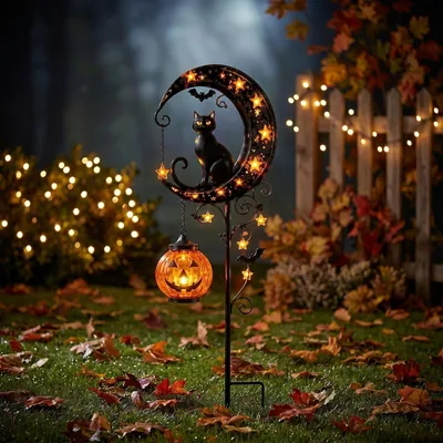 Solar Pumpkin Lantern - Black Cat & Pumpkin Moon Stake Light