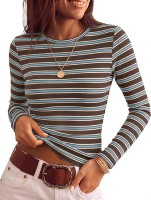 ZESICA Striped Long Sleeve Shirt Dress Ribbed Knit